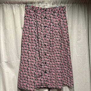 Floral Corduroy Midi Skirt in Black and Pink